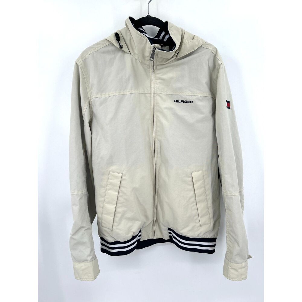 TOMMY HILFIGER Yacht Jacket Cream Hooded Full Zip Striped Hem Nylon Size Medium